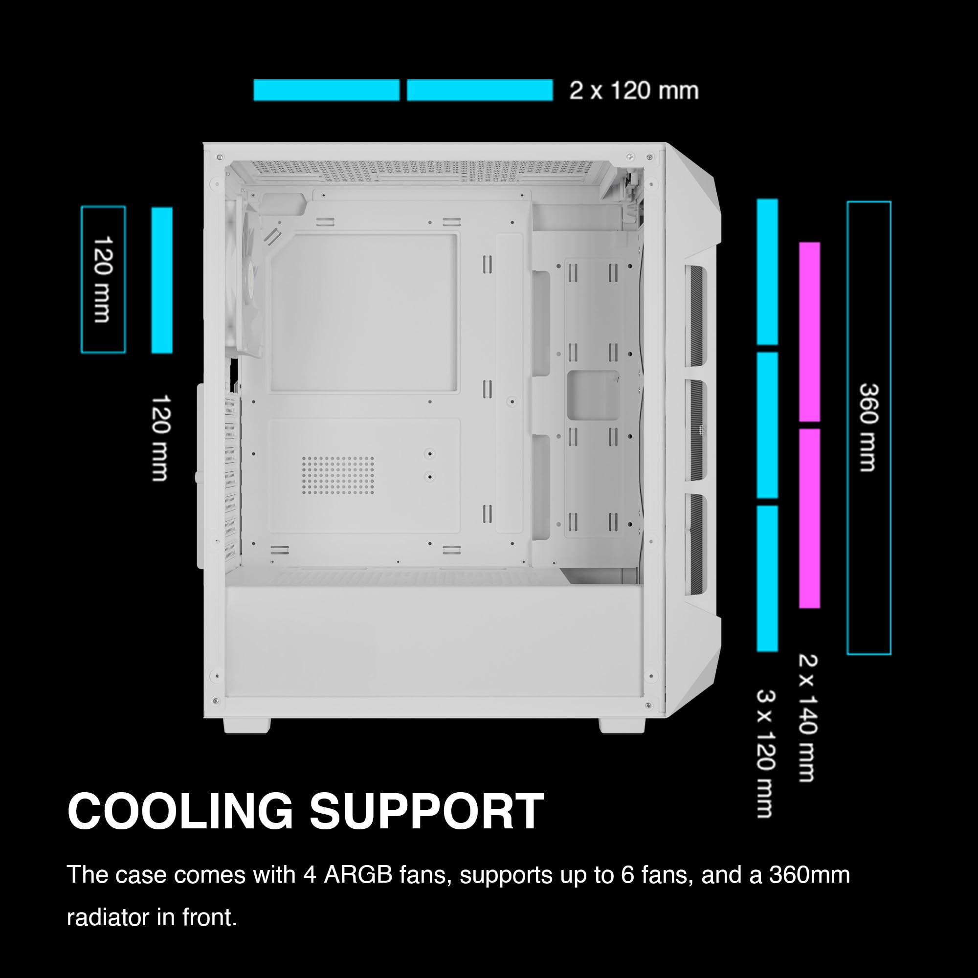 GAMDIAS ATX Mid Tower Gaming Computer PC Case Tempered Glass, Built-in 4X 120mm ARGB Case Fans, Front Airflow Mesh, Up to 6x120mm Fans, 340mm GPU/VGA, 360mm AIO/Radiator, 160mm CPU Cooler