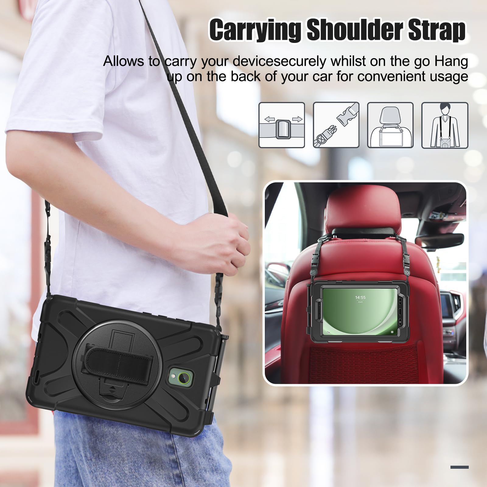 Samsung Galaxy Tab Active5/Active 3 8.0 Case, with 360 Stand, Handle Hand Strap & Shoulder Strap for Galaxy Tab Active5 8" 2024 X300/X307, Active3 8" 2020 T570/T575/T577 (Black)