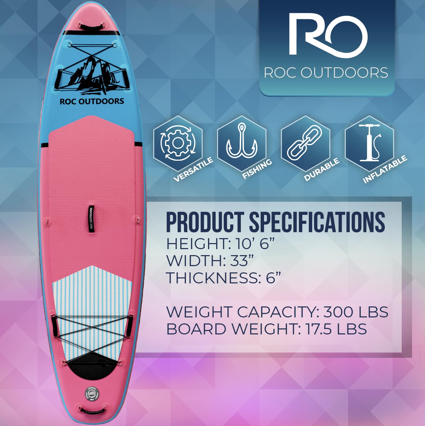 Roc Inflatable Stand Up Paddle Board 10' 6" with Premium SUP Paddle Board Accessories, Wide Stable Design, Non-Slip Comfort Deck for Youth & Adults