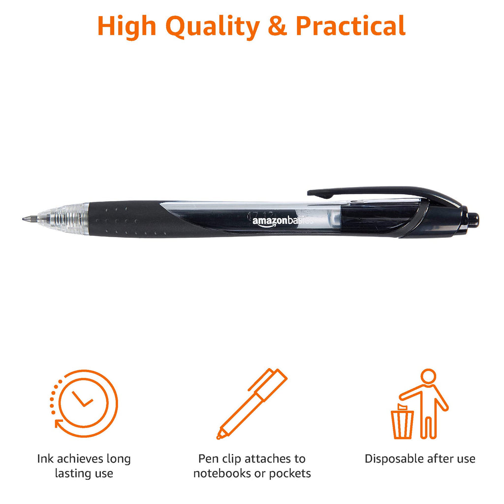 Amazon Basics Retractable Gel Ink Pens for Note-Taking and Office Writing, Fine Point 0.7mm, Smooth Writing, Black, 12-Pack