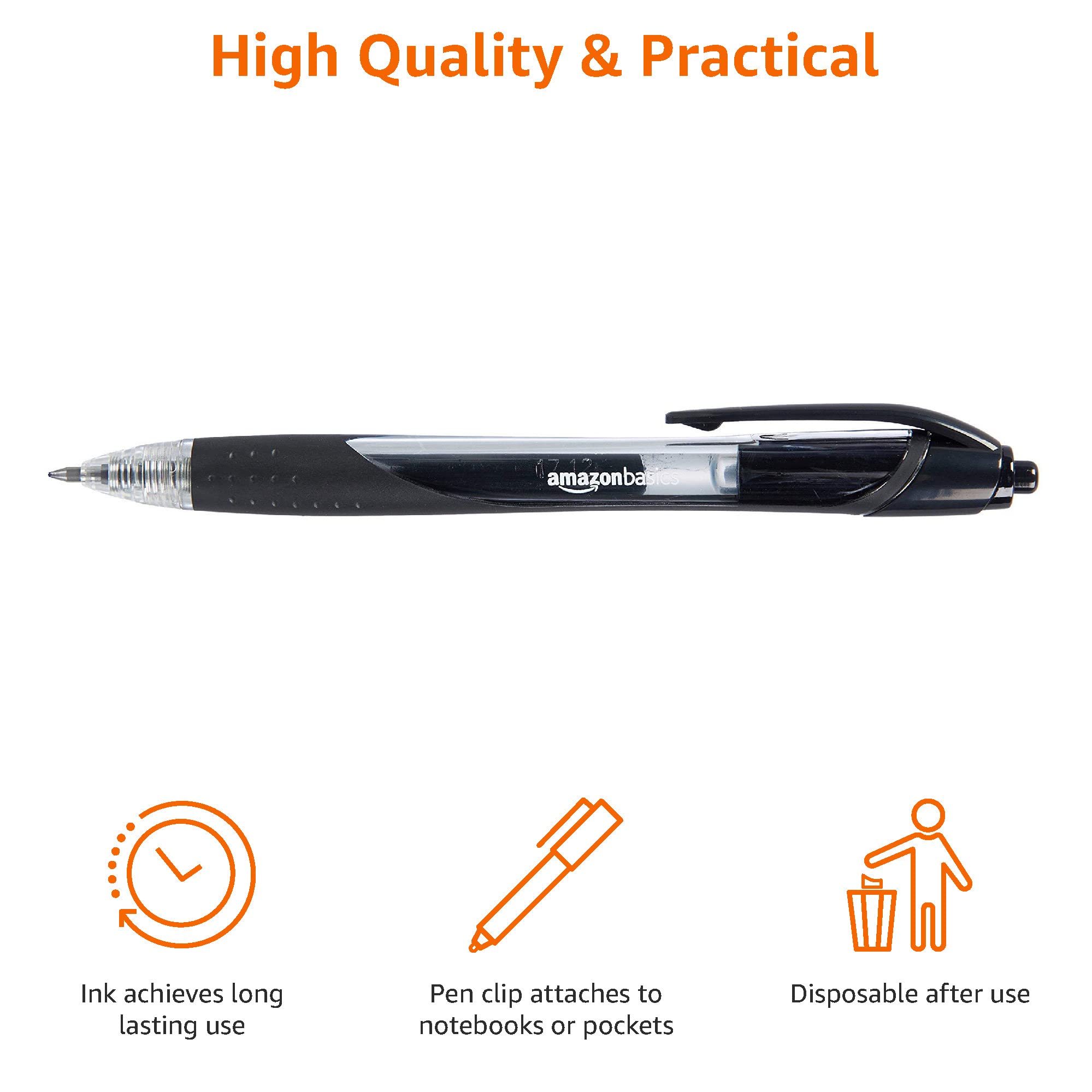 Amazon Basics Retractable Gel Ink Pens for Note-Taking and Office Writing, Fine Point 0.7mm, Smooth Writing, Black, 12-Pack