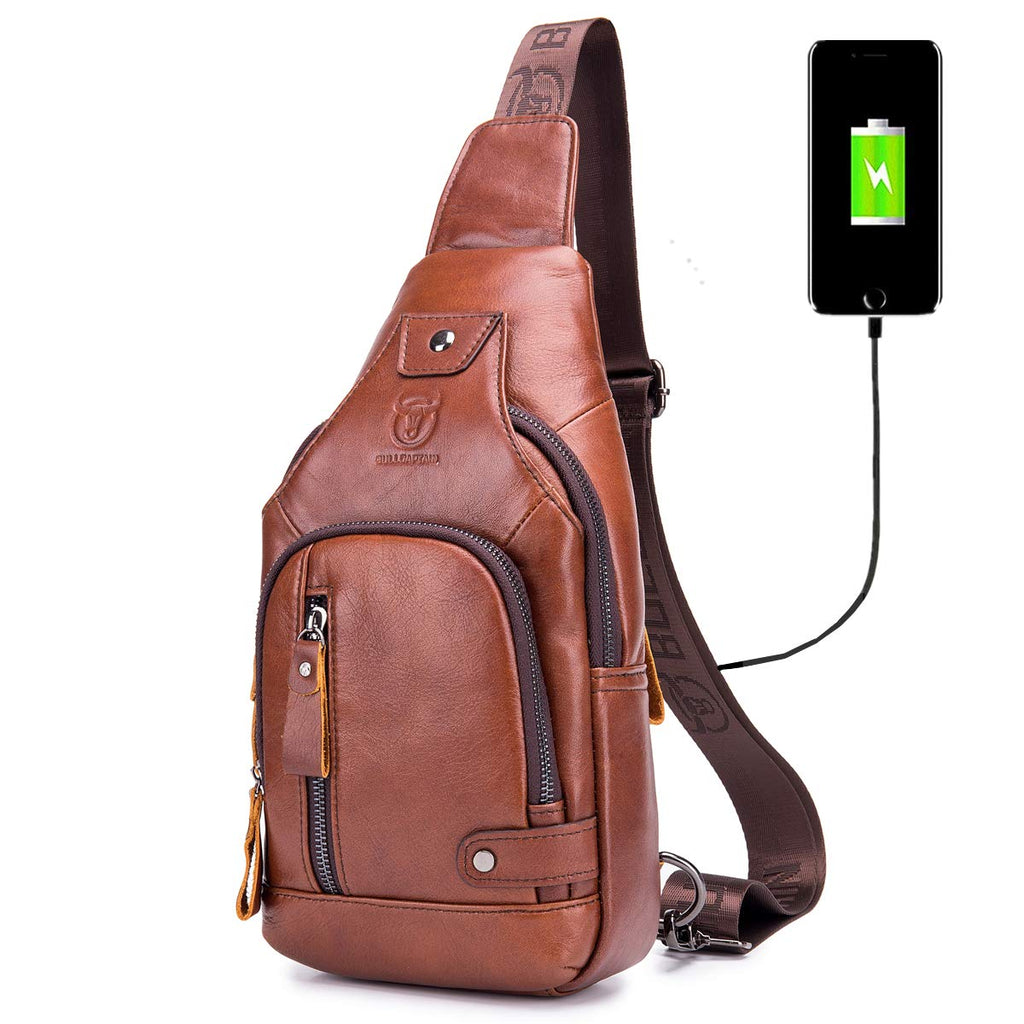 BULLCAPTAIN Genuine Leather Sling Bag for Men XB-129 | USB Charging Port, Multi-pocket, Chest Bag, Hiking Travel Daypack