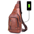 BULLCAPTAIN Genuine Leather Sling Bag for Men XB-129 | USB Charging Port, Multi-pocket, Chest Bag, Hiking Travel Daypack