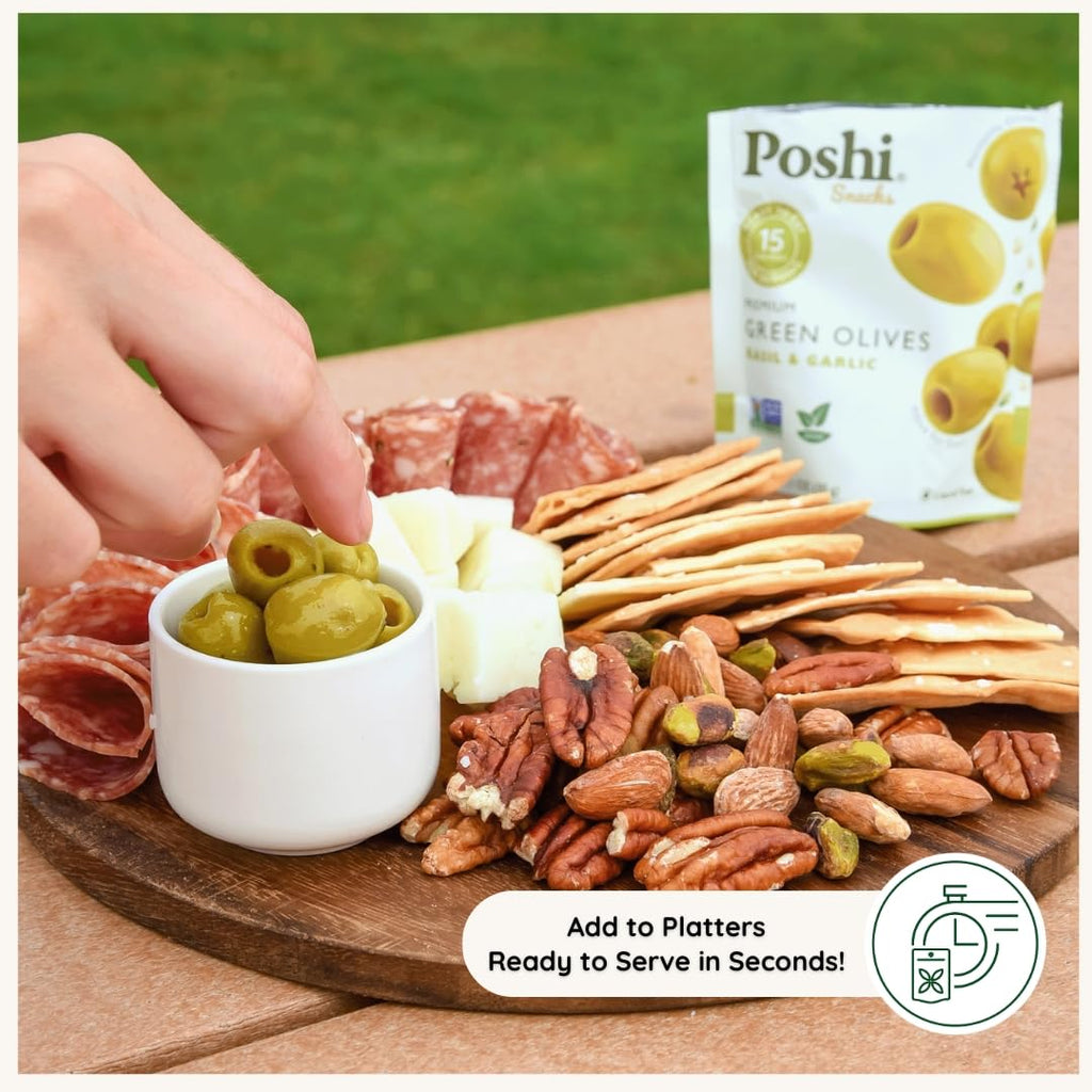 POSHI Green Pitted Olives - Basil & Garlic | Vegan, Kosher, Gluten Free + Keto Friendly, Fresh, Low Calorie Healthy Snacks | (30 Pack, 1.1oz Bags)
