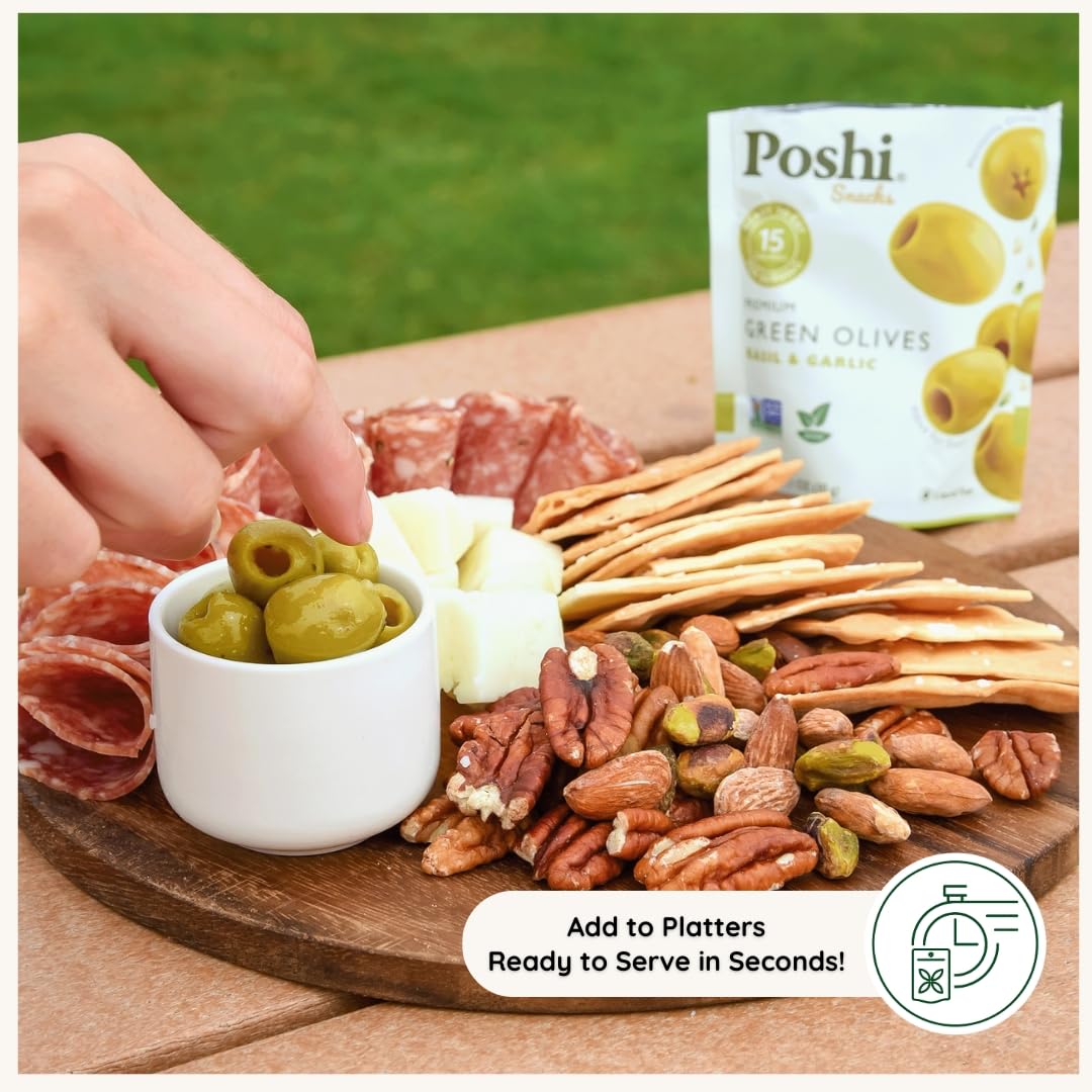 POSHI Green Pitted Olives - Basil & Garlic | Vegan, Kosher, Gluten Free + Keto Friendly, Fresh, Low Calorie Healthy Snacks | (30 Pack, 1.1oz Bags)