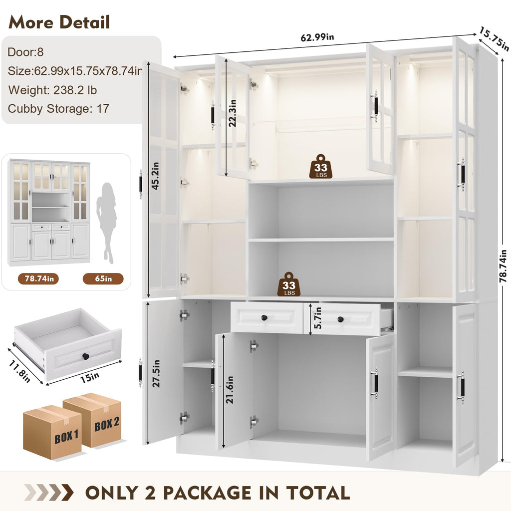 MEISSALIVVE Kitchen Pantry Storage Cabinet with LED Lights, 78.7" Tall with Glass Doors & Drawers, Freestanding Utility Cabinet, Black (31.5" W x 15.7" D)