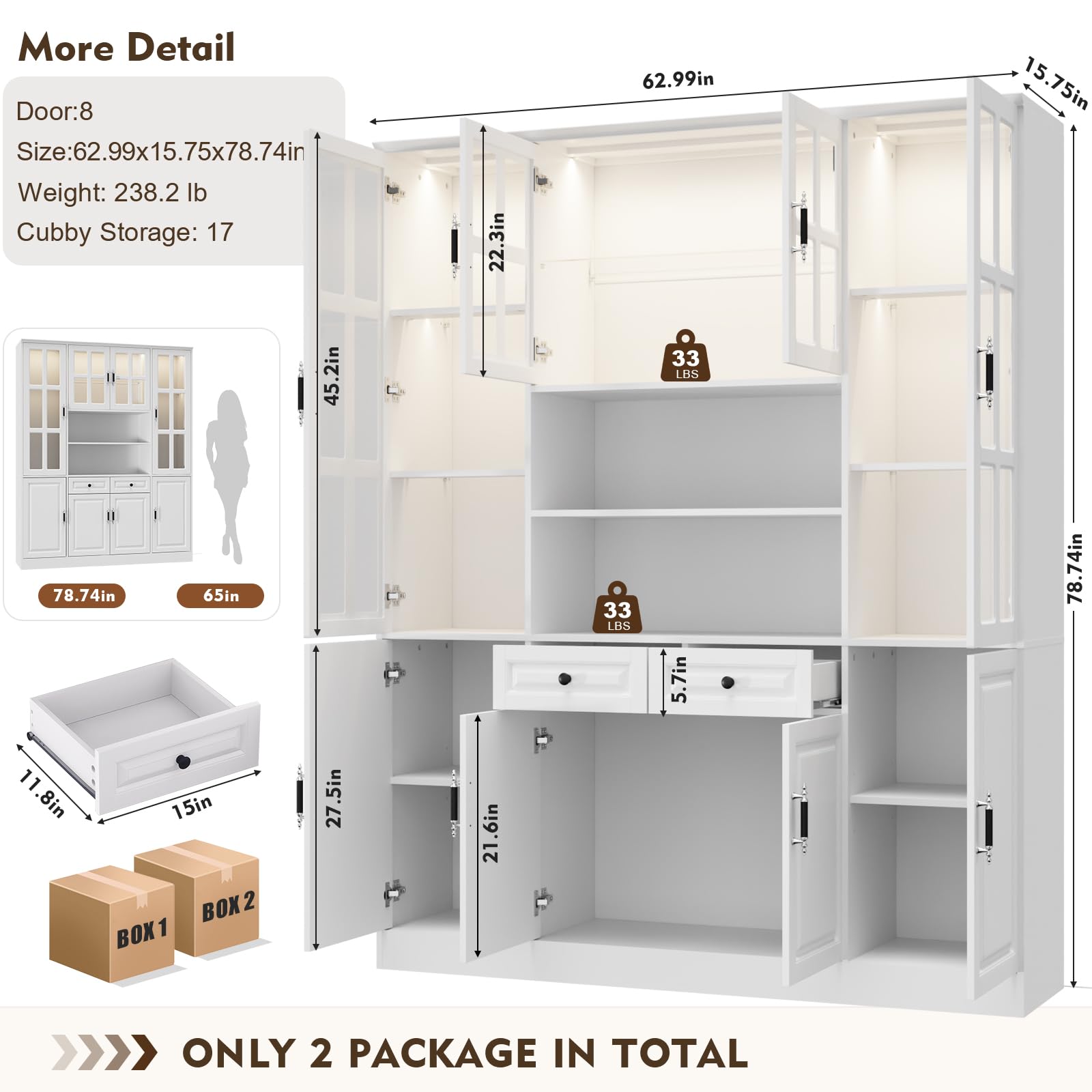 MEISSALIVVE Kitchen Pantry Storage Cabinet with LED Lights, 78.7" Tall with Glass Doors & Drawers, Freestanding Utility Cabinet, Black (31.5" W x 15.7" D)