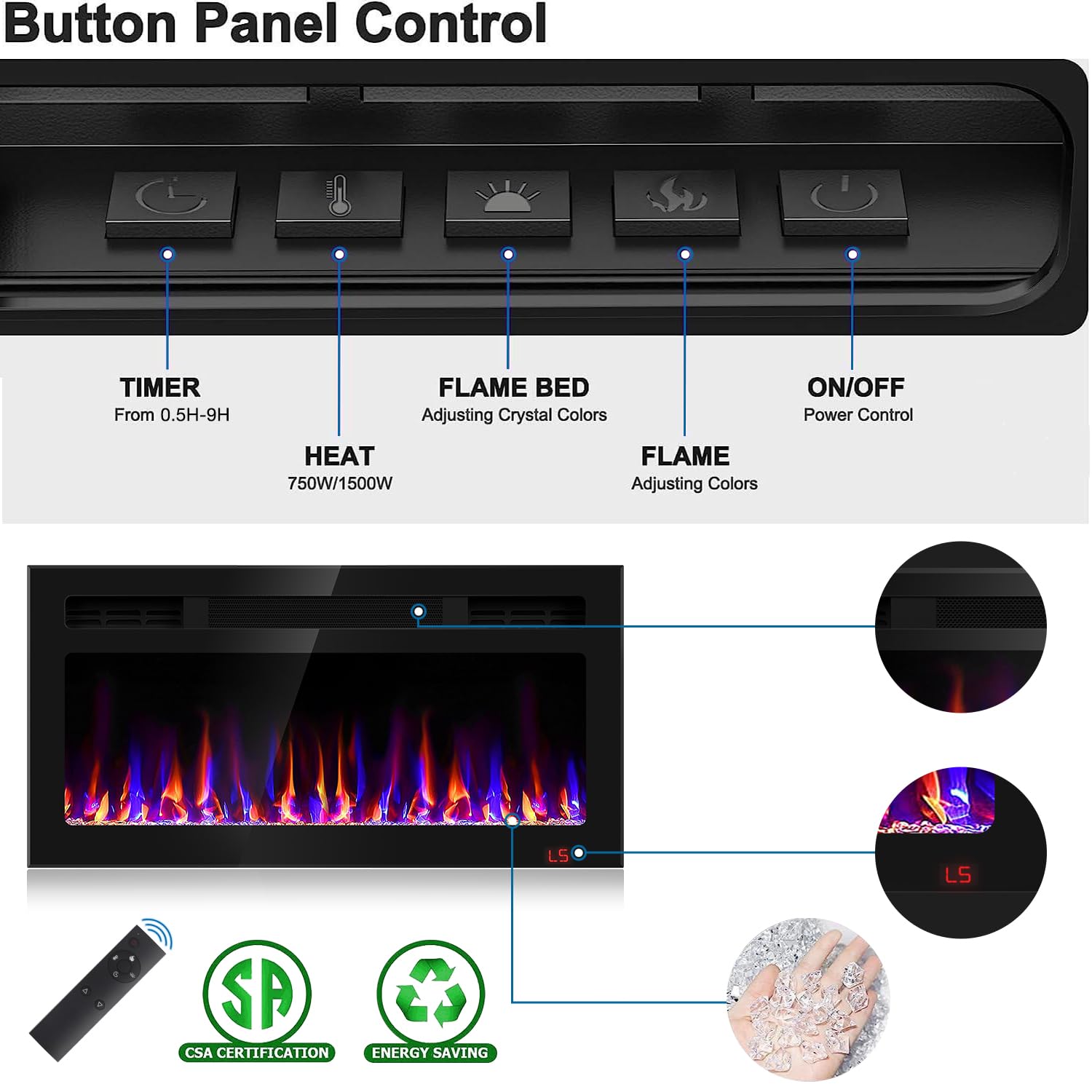 31 Inch Electric Fireplace Recessed and Wall Mounted, Fireplace Heater and Linear Fireplace, Ultra-Thin Electric Fireplace, Low Noise, with Timer, Remote Control, Adjustable 12 Flame Color, 750/1500W