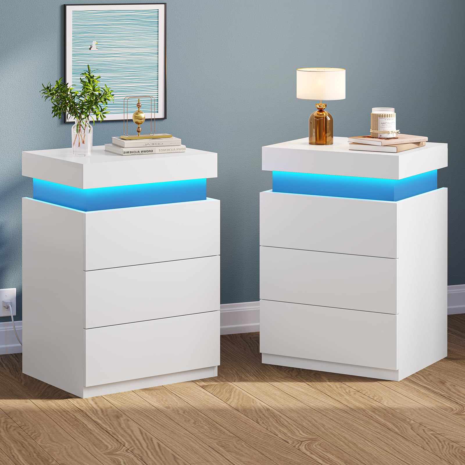 BTHFST LED Nightstands Set of 2,Night Stands for Bedroom Set of 2,Nightstand with Charging Station and Sliding Top,Bedside Table with Power Outlets & Drawers,Modern End Side Table (Black)