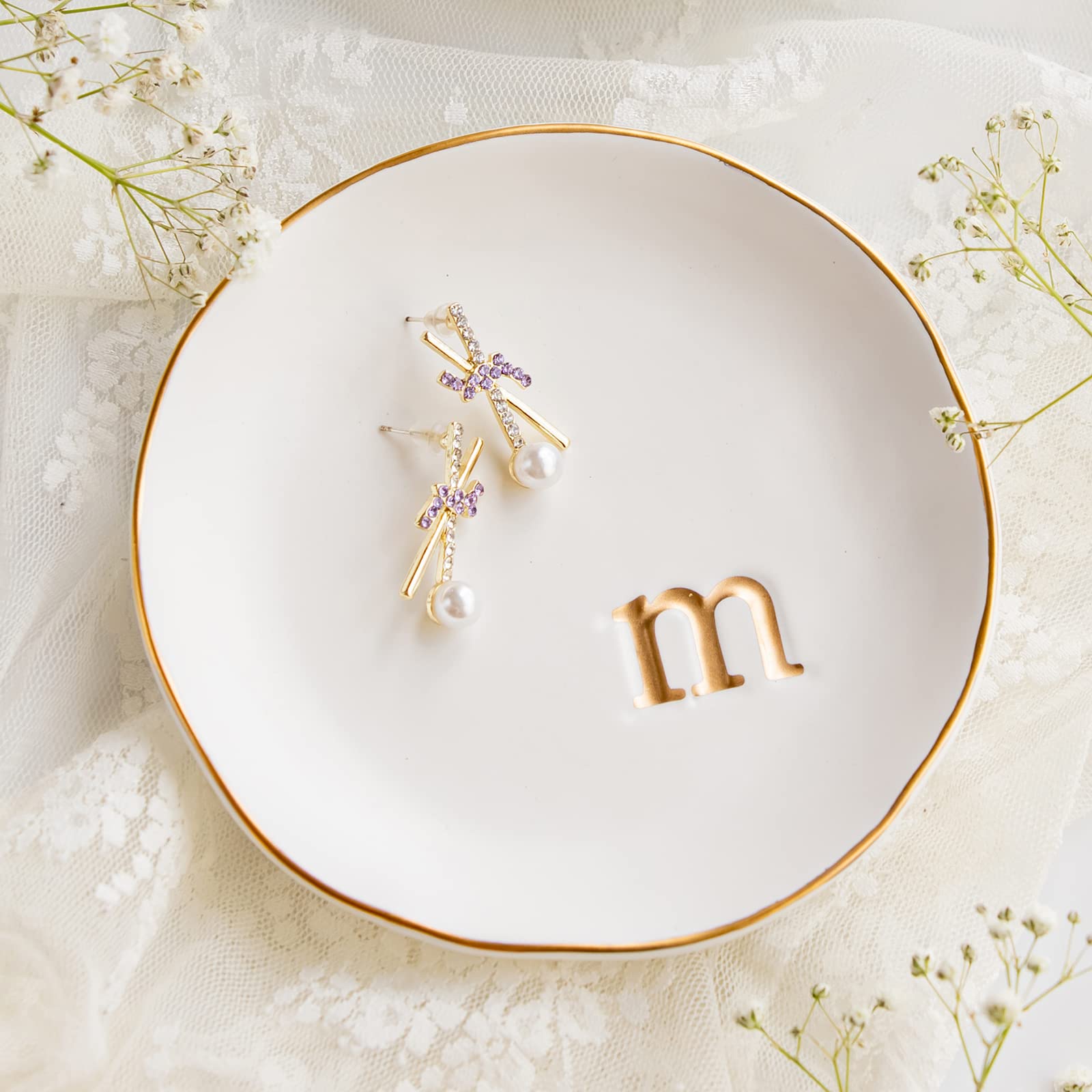 COLLECTIVE HOME - Ceramic Jewelry Tray, Decorative Trinket Dish for Rings Earrings Necklaces Bracelet Watch Keys, Birthday Mother's Day Christmas Gift for Women, 4.75", White Surface (A)