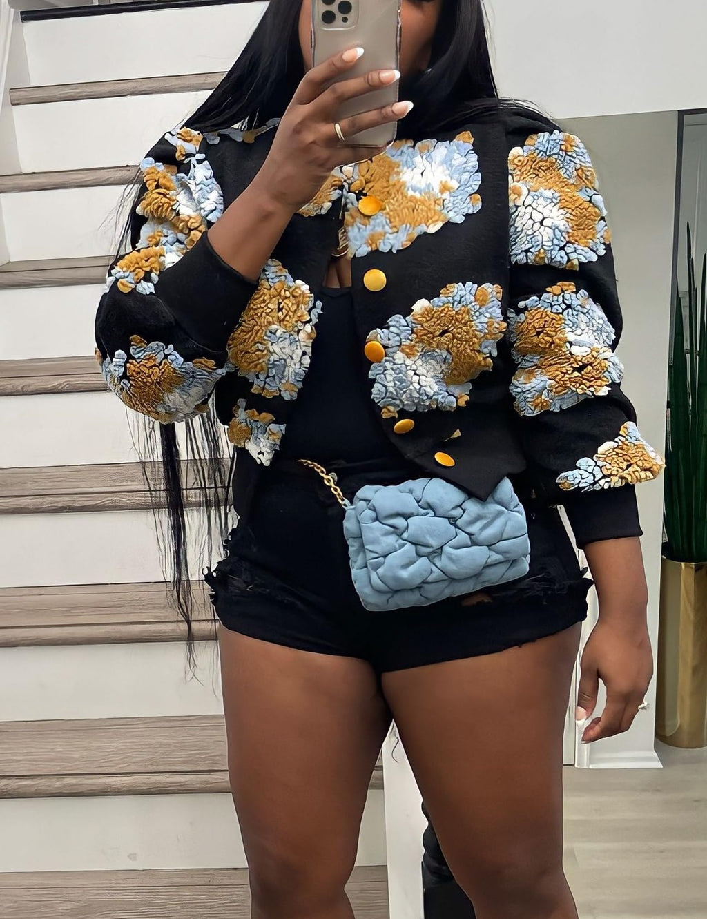 Womens Cropped Floral Print Jacket Warm Fleece Bomber Jacket Casual Button Down Coats Fall Puff Outerwears