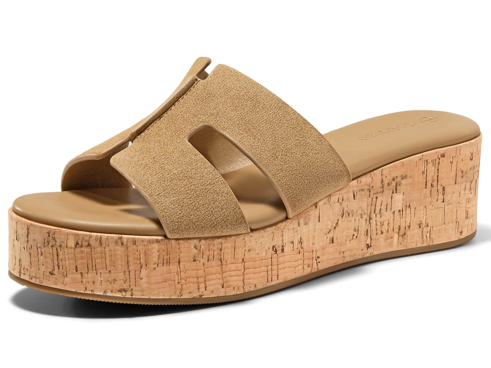 Coutgo Women's Platform Wedge Sandals Open Toe Slip On Slides Cork Heeled Cutout Comfortable Summer Shoes