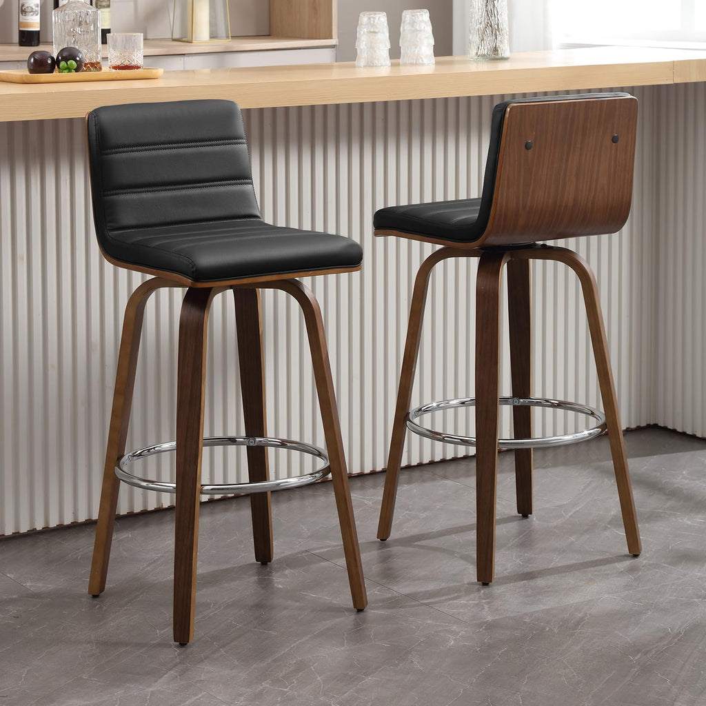 Bar Stools 29 Inch Bar Height, Swivel Bar Stools with Backs Upholstered PU Leather Barstool, L Shape Back and Padded Seat, Mid-Century Modern Bar Stool Pub Chairs for Kitchen Counter Island, Black