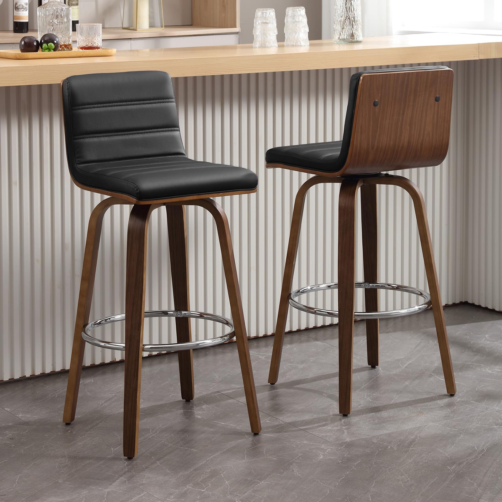 Bar Stools 29 Inch Bar Height, Swivel Bar Stools with Backs Upholstered PU Leather Barstool, L Shape Back and Padded Seat, Mid-Century Modern Bar Stool Pub Chairs for Kitchen Counter Island, Black
