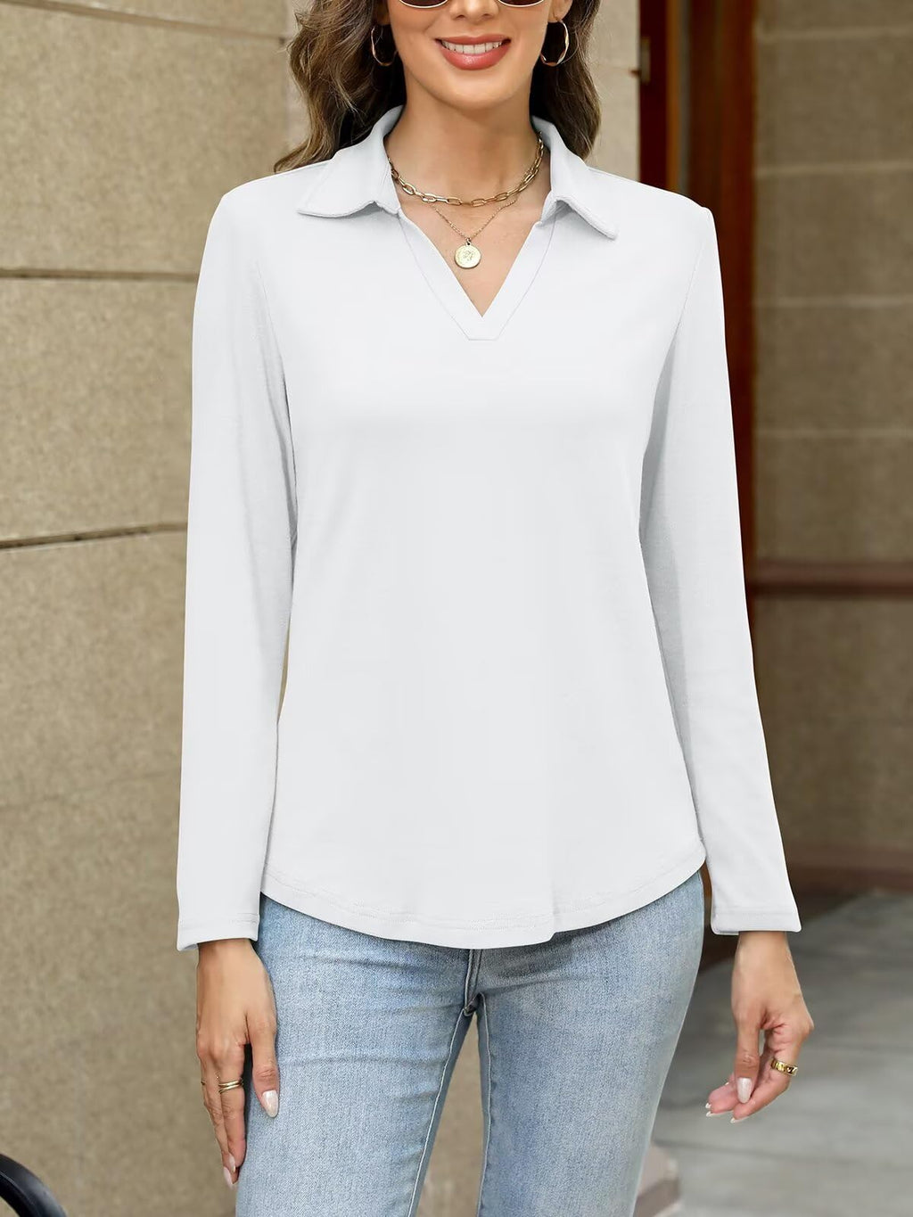 ORANDESIGNE Women's Long Sleeve Polo Shirts Casual Color Block V Neck Tops Fall Collar Ladies Tunics Tees