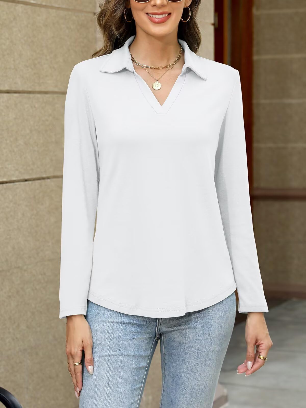 ORANDESIGNE Women's Long Sleeve Polo Shirts Casual Color Block V Neck Tops Fall Collar Ladies Tunics Tees
