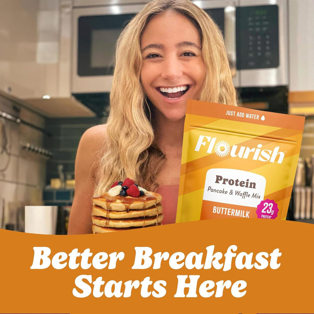 Flourish Protein Pancake & Waffle Mix, with Whey Protein & Flax Seed, No Added Sugar, High in Protein & Fiber - Just Add Water - Birthday Cake Flavour 16oz (2 pack)