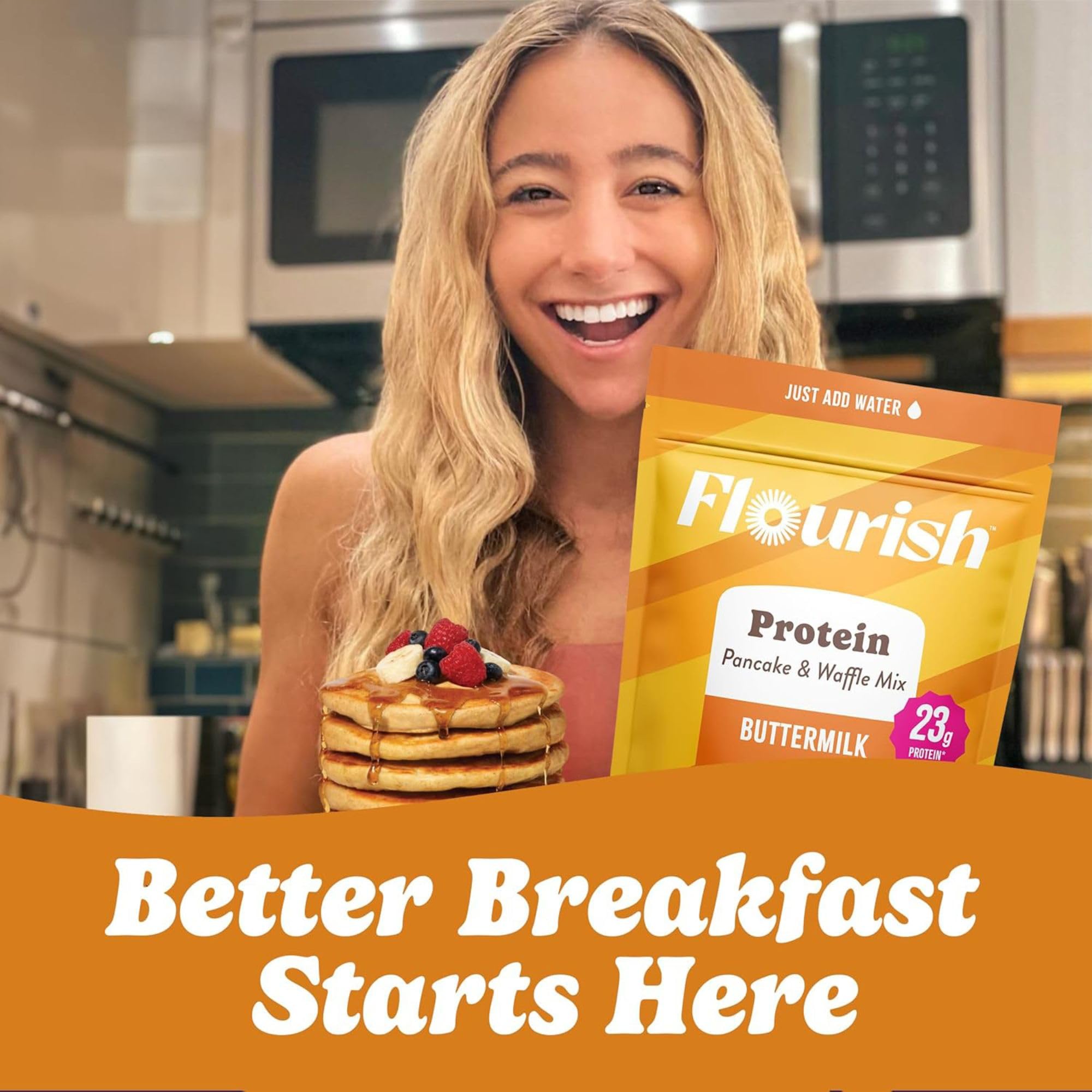 Flourish Protein Pancake & Waffle Mix, with Whey Protein & Flax Seed, No Added Sugar, High in Protein & Fiber - Just Add Water - Birthday Cake Flavour 16oz (2 pack)