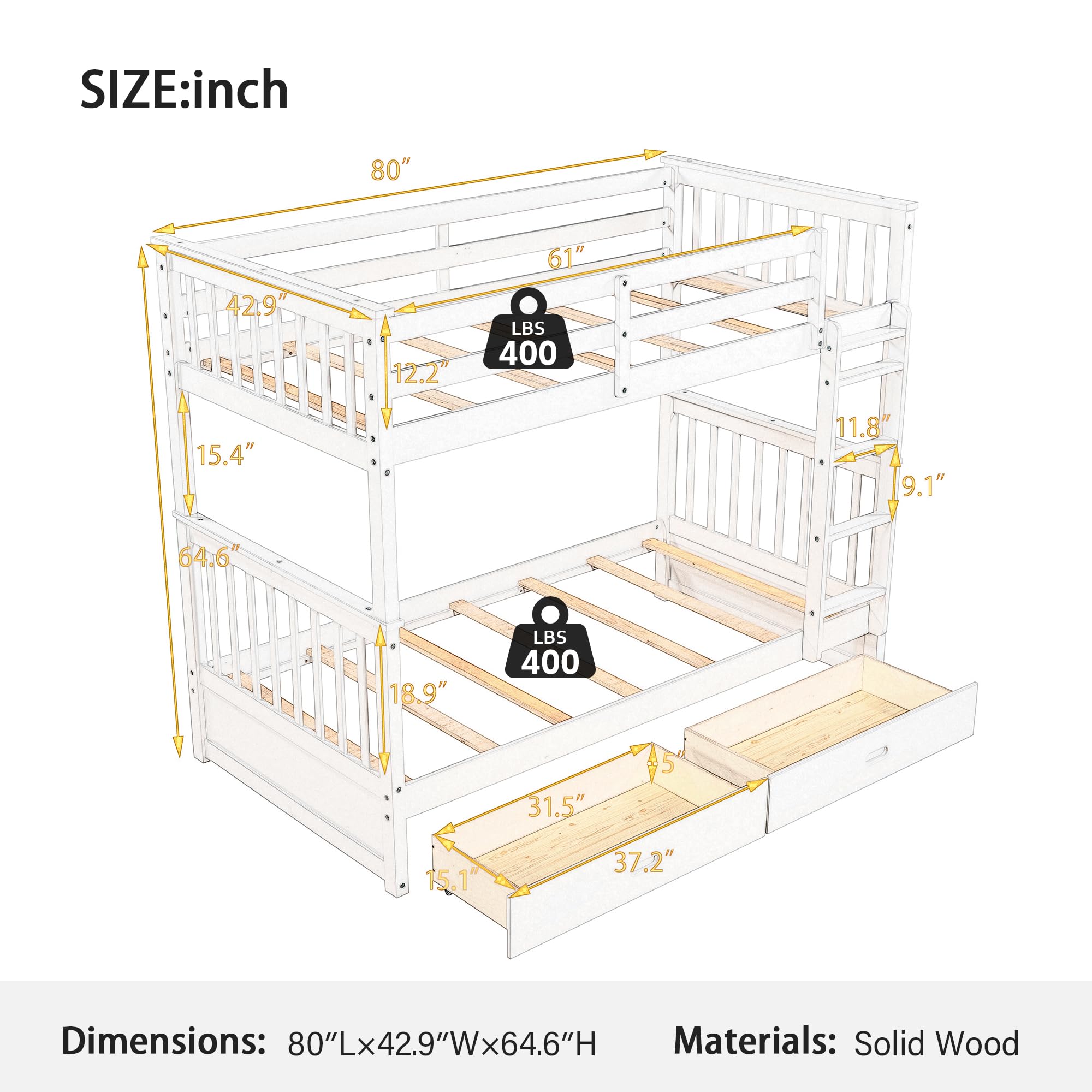 Merax Wood Bunk Bed with Two Drawers,Convertible Wood Bunk Bed with Ladders and Two Storage Drawers,Solid Wood Detachable Bed Frame with Ladders, Twin Over Full Size, Espresso