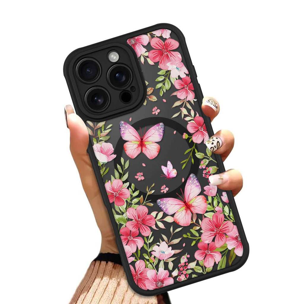 OOK Case for iPhone 11 6.1 Inch (Compatible with MagSafe) Floral Flowers Design Translucent Phone Cover Soft TPU + Hard PC Anti-Scratch Shockproof Magnetic Cute Case for Women - Red