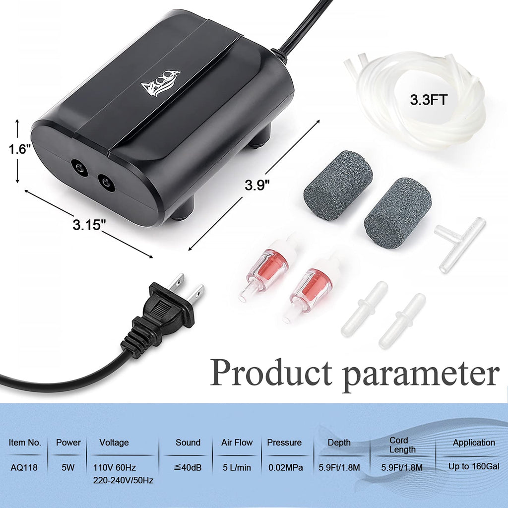 AQQA Aquarium Air Pump,3.5W 5W Dual Outlet Oxygen Pump with 2 Air Stone,Adjustable Air Valve Quiet Bubbler Pump,Up to 160 Gallon Fish Tank (3.5w)