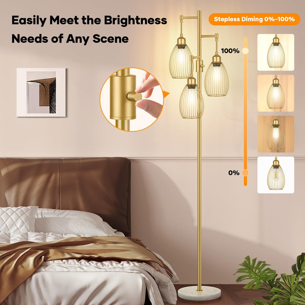 Dimmable Floor Lamp, 3 x 800LM LED Edison Bulbs Included, Farmhouse Industrial Floor Lamp Standing Tree Lamp with Elegant Teardrop Cage Tall Lamps for Living Room Bedroom Office Dining Room-Brass