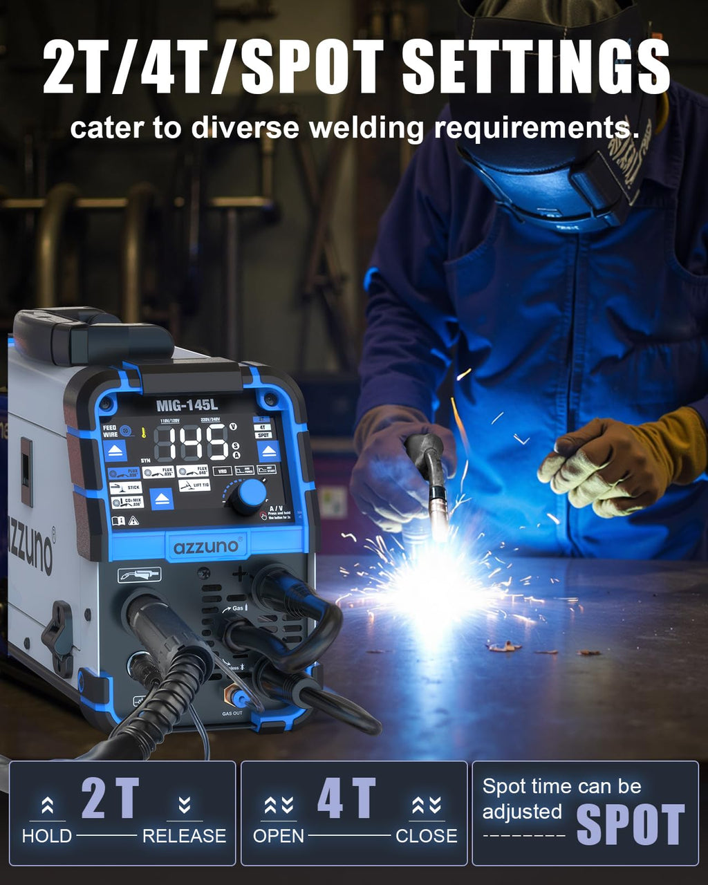 AZZUNO MIG Welder Machine 110V/220V, 155Amp 5-in-1 Gas MIG/Aluminum MIG/Gasless Flux MIG/Lift TIG/Stick Welding Machine, Wire Feed Welder