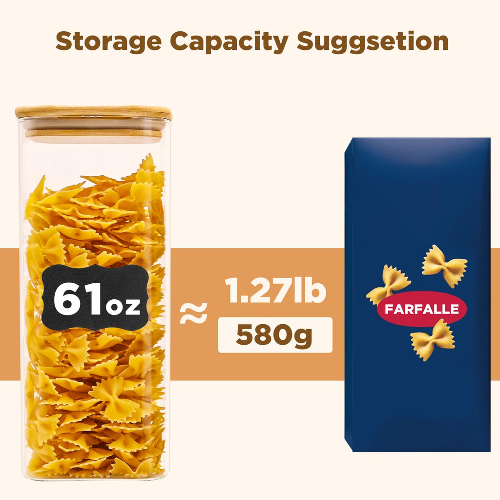SHOWIN 73oz Glass Pasta Storage Jars, Tall Glass Jars with Bamboo Lids, Spaghetti Container, Set of 3, Kitchen Storage Containers for Pasta, Pantry Organizers