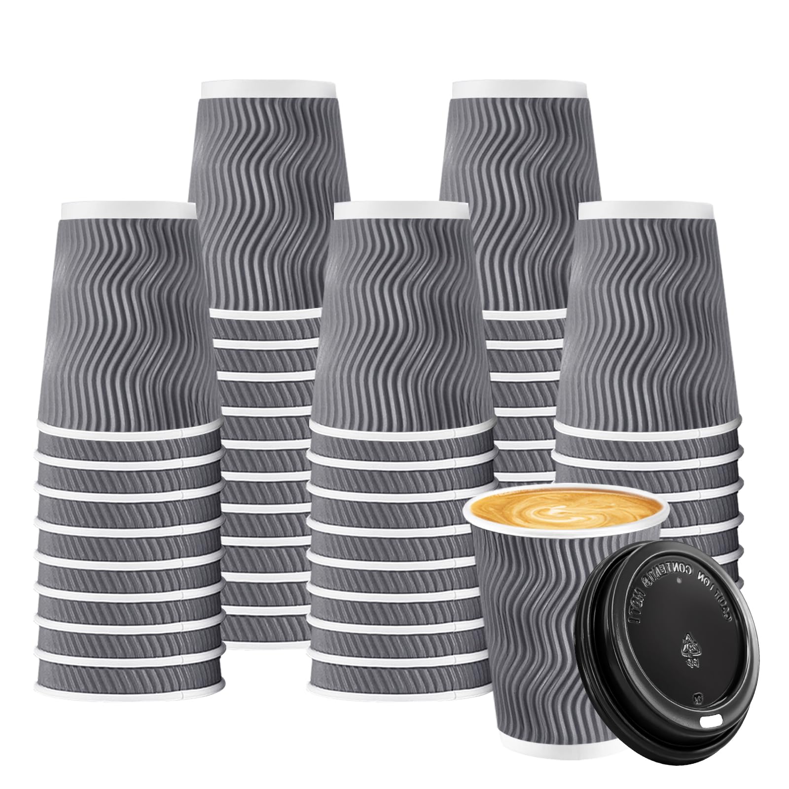 BYSNOW 100 Pack 10 oz Coffee Cups with Lids, Disposable Insulated Hot Cups To Go Paper Coffee Cups, Corrugated Ripple Wall Cup for Hot Drink, Office, Coffee Bar (Grey 10 oz)
