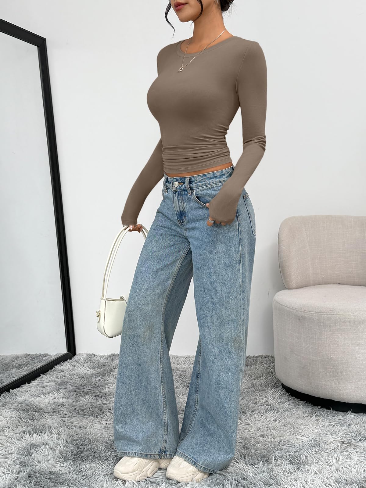 Trendy Queen Womens Long Sleeve T-Shirts Basic Crop Tops 2026 Spring Fashion Outfits Going Out Winter Clothes