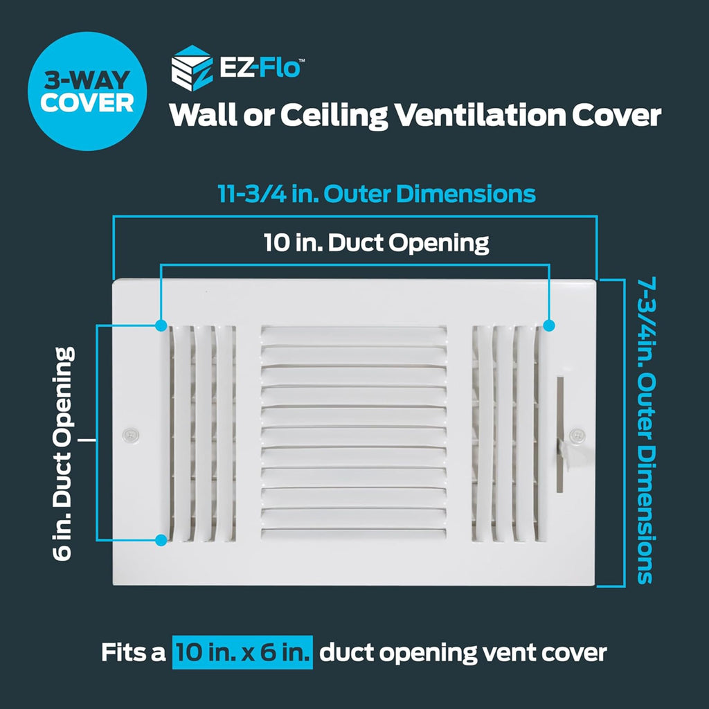 EZ-FLO 8 x 4 Inch Three-Way Ventilation Steel Sidewall/Ceiling Register, Steel Duct Opening, 61658