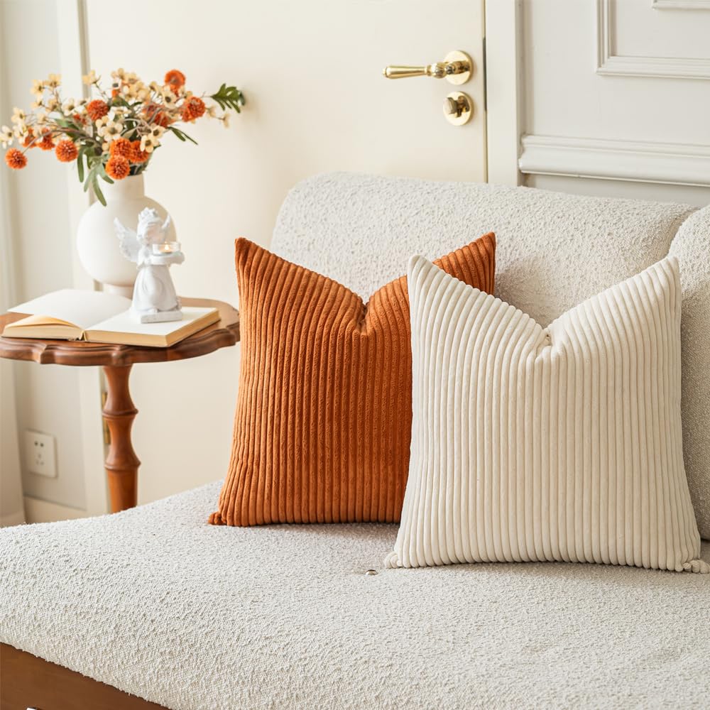LANANAS Neutral Couch Throw Pillow Covers 18x18 Inch Set of 4 Decorative Farmhouse Boho Throw Pillows for Living Room, Couch, Bed, Sofa Soft Corduroy Accent Home Decor (Blue Ocean, 18x18 Inch)