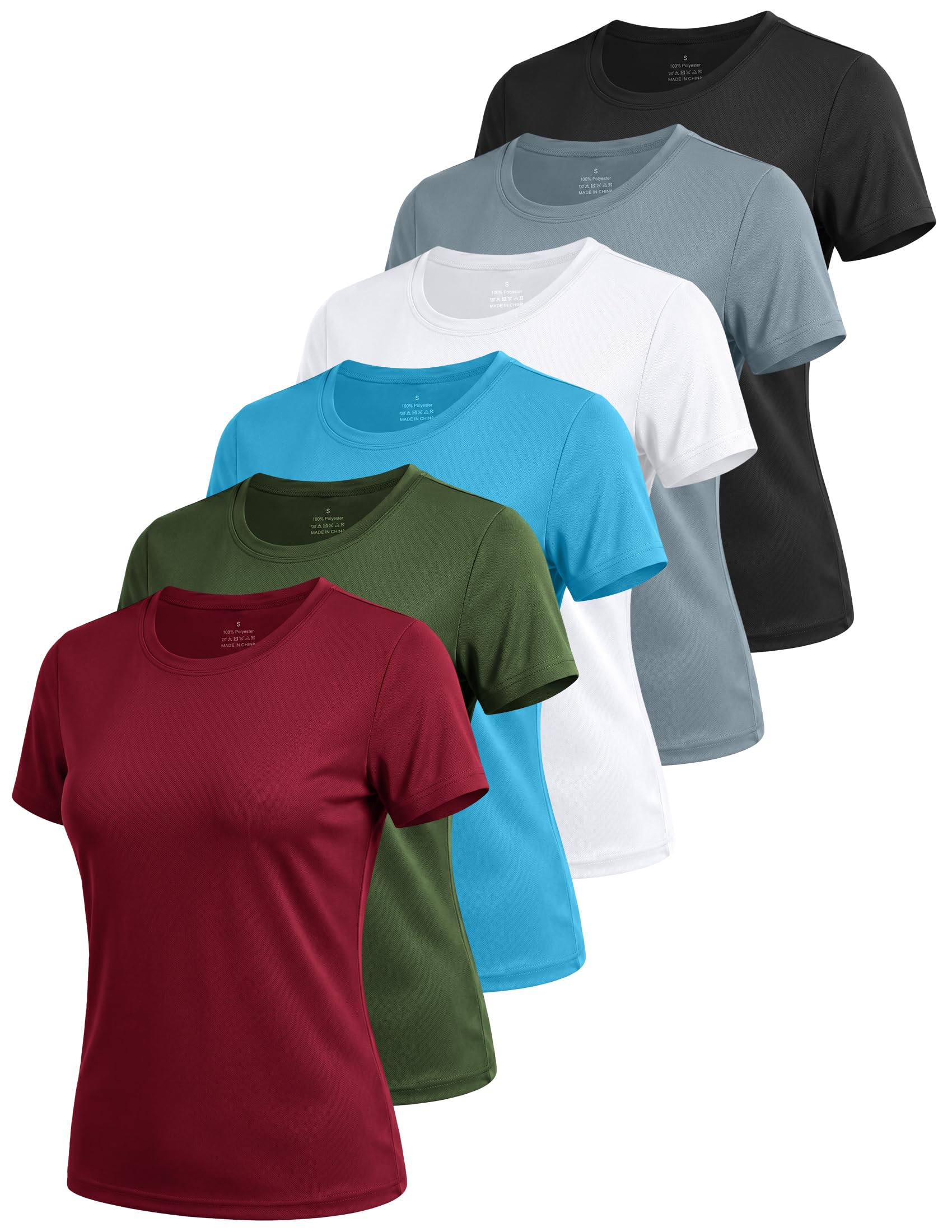 6 Pack Workout Tops for Women Short Sleeve UPF Sun Protection Athletic T Shirts Quick Dry Tennis Yoga Running Crew Neck Tee