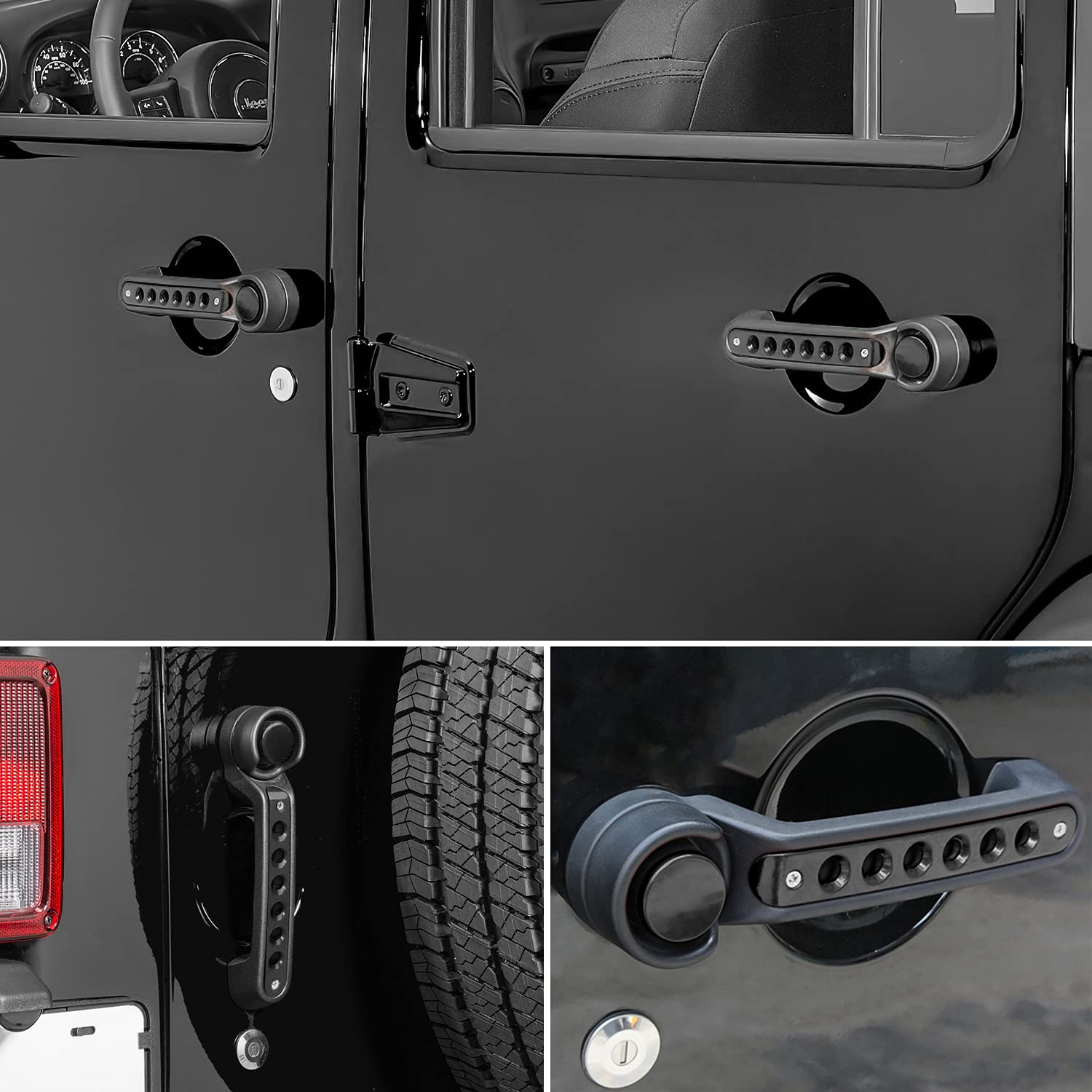 E-cowlboy Grab Handle Inserts Cover+Push Button Knobs Cover Trim for Jeep Wrangler JK JKU Sahara Rubicon Unlimited 2007-2018 Exterior Door Handle Decoration Accessories Aluminum (Black)