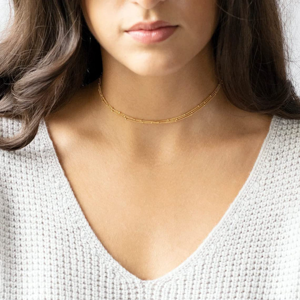 BERISO 14K Gold/Silver Plated Choker Necklace for Women Shining Dots Station Gold Chain Necklace Beads Sparkle Chain Necklace Link Chain Exquisite Jewelry for women