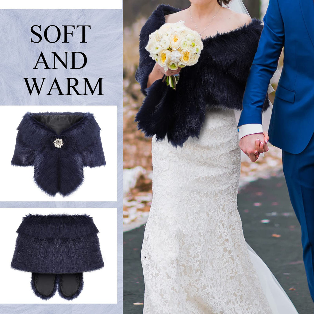 Geyoga Faux Fur Shawl Wrap Stole Shrug Winter Bridal Wedding Scarf Wrap with Faux Pearl Rhinestone Brooches for Women 1920s