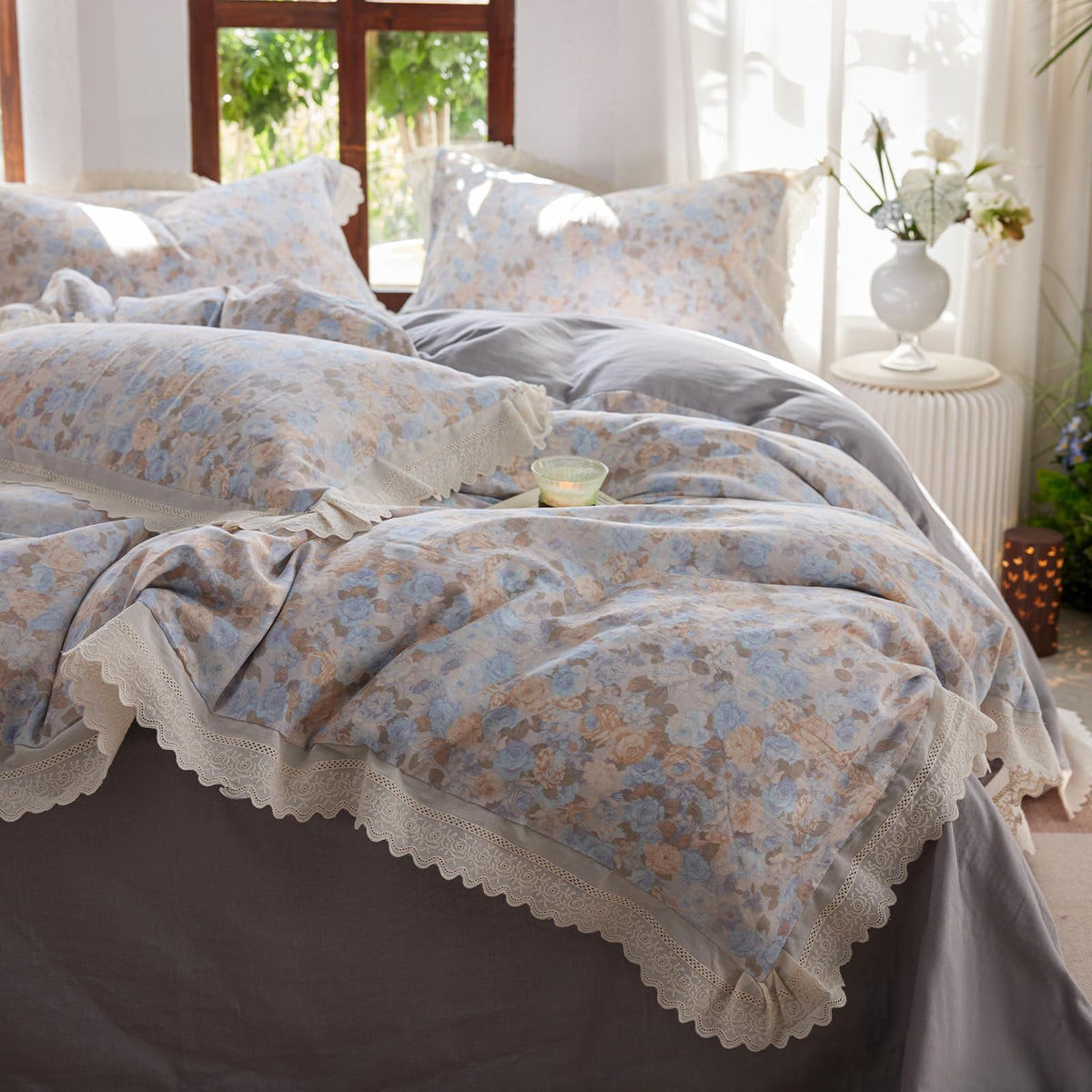 Pink Flower Duvet Cover Twin Chic Floral Print Ruffle Duvet Cover Cotton Lace Comforter Cover Country Style Floral Bedding Set Romantic Ruffle Comforter Cover Flower Bedding Cover with 2 Pillowcases