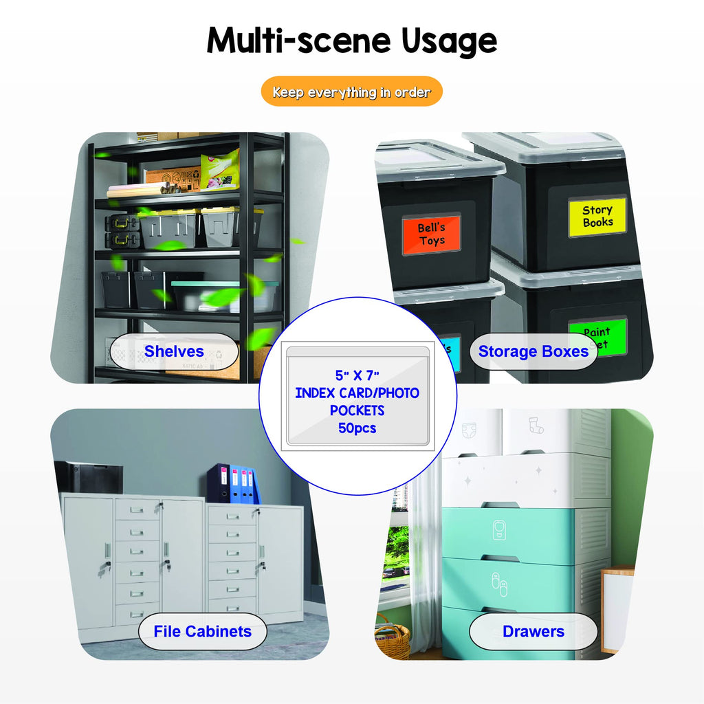 IMAGAME Clear Adhesive Business Card Pocket swith Side Open for Loading, 50 Pack, Plastic Labels Holders for Storage Bins and Library Card, Ideal for Organizing and Protecting Your Business Cards