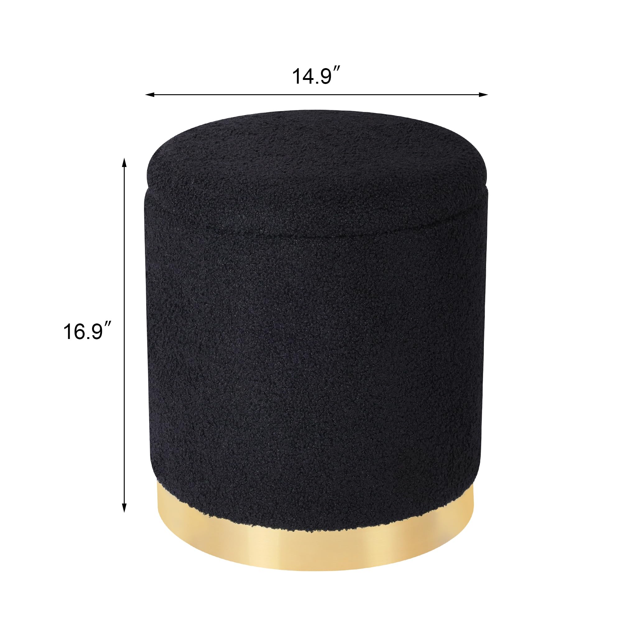 Joveco Boucle Round Ottoman with Storage,Vanity Stool with Storage for Bedroom, Ottoman Coffee Table,Small Boucle Foot Stool for Living Room, Black with Gold Plating
