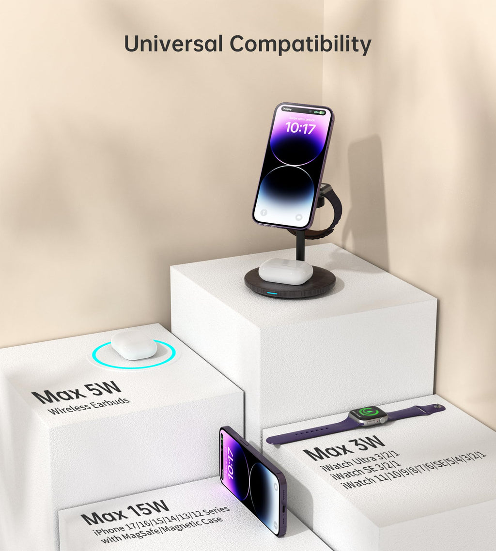 XooFly 3 in 1 Wireless Charging Station for Apple Devices, Fast Wireless Mag-Safe Charger Stand with 20W Adapter for iPhone 17/16 15 14 13 12 Pro Max/Pro/Plus/Air/Mini, iWatch, AirPods (Black)