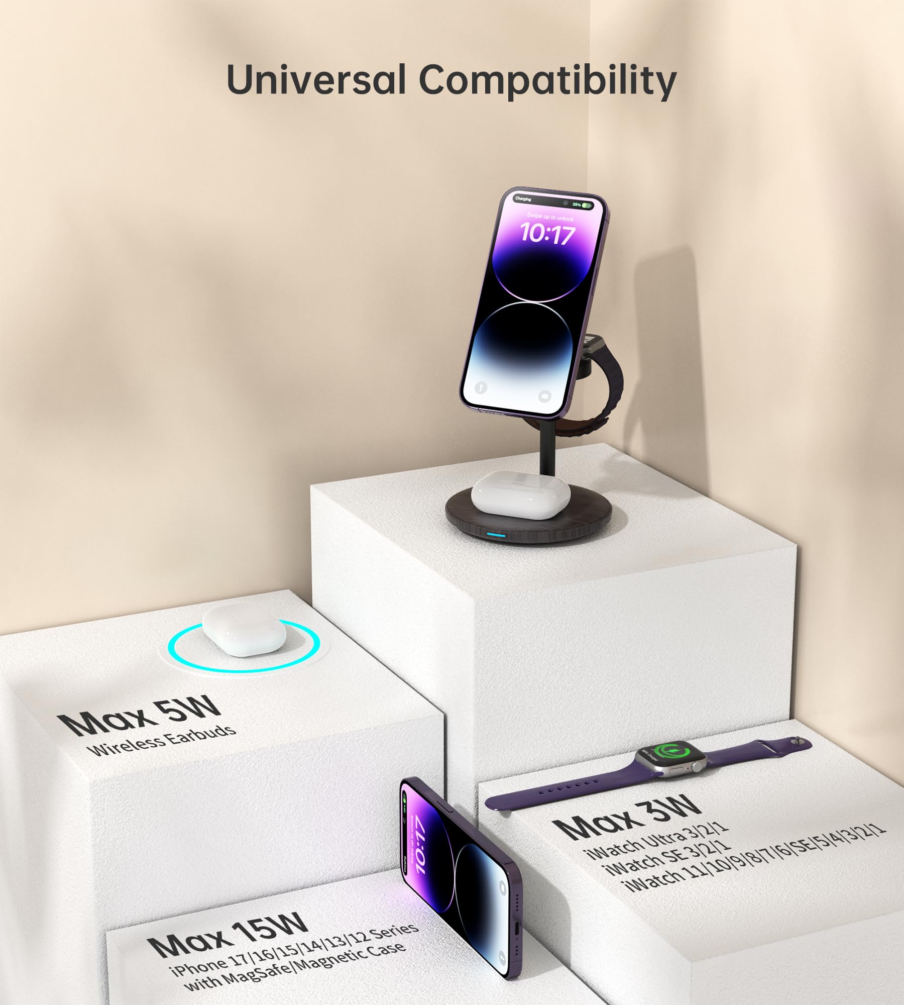 XooFly 3 in 1 Wireless Charging Station for Apple Devices, Fast Wireless Mag-Safe Charger Stand with 20W Adapter for iPhone 17/16 15 14 13 12 Pro Max/Pro/Plus/Air/Mini, iWatch, AirPods (Black)
