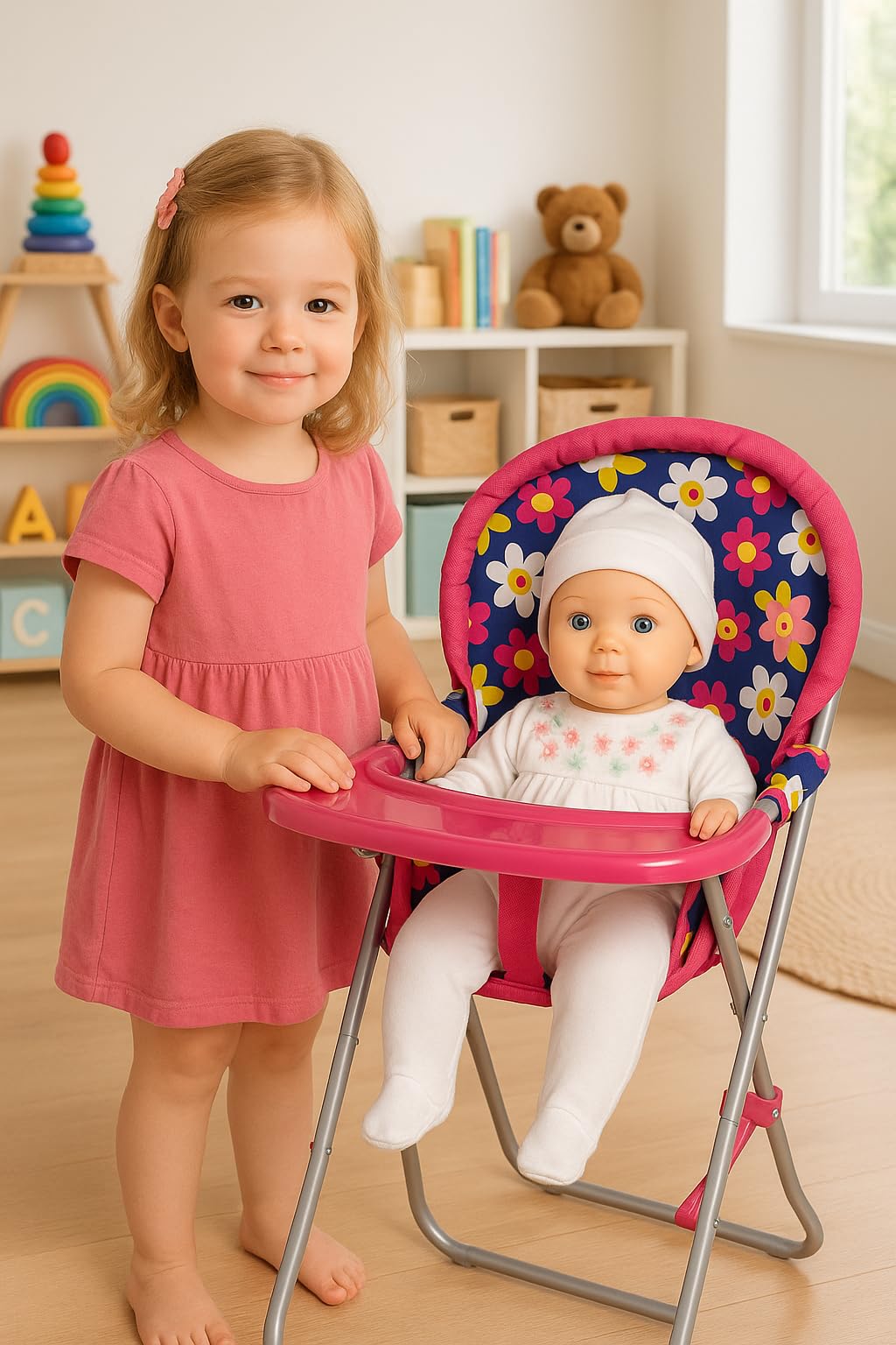 Fash n kolor - Baby Doll High Chair with Tray, Fits up to 18 inch Baby Dolls, Flower Print Toddler Furniture Toy High Chair for Dolls Toys Easy to fold for Compact Storage