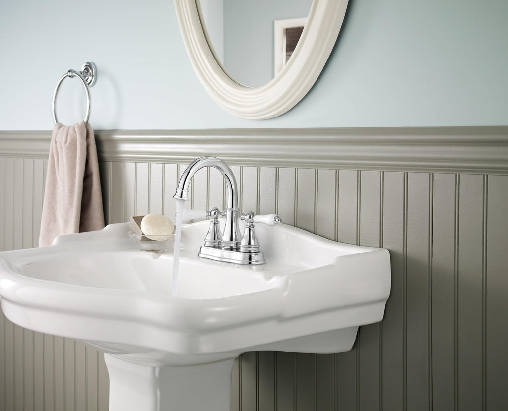 Pfister Sonterra Bathroom Sink Faucet 4 inch Centerset 2-Handle 3-Hole Polished Chrome Vanity Faucet with Push & Seal Drain and 360 Degree Swivel Spout LFWL245PC