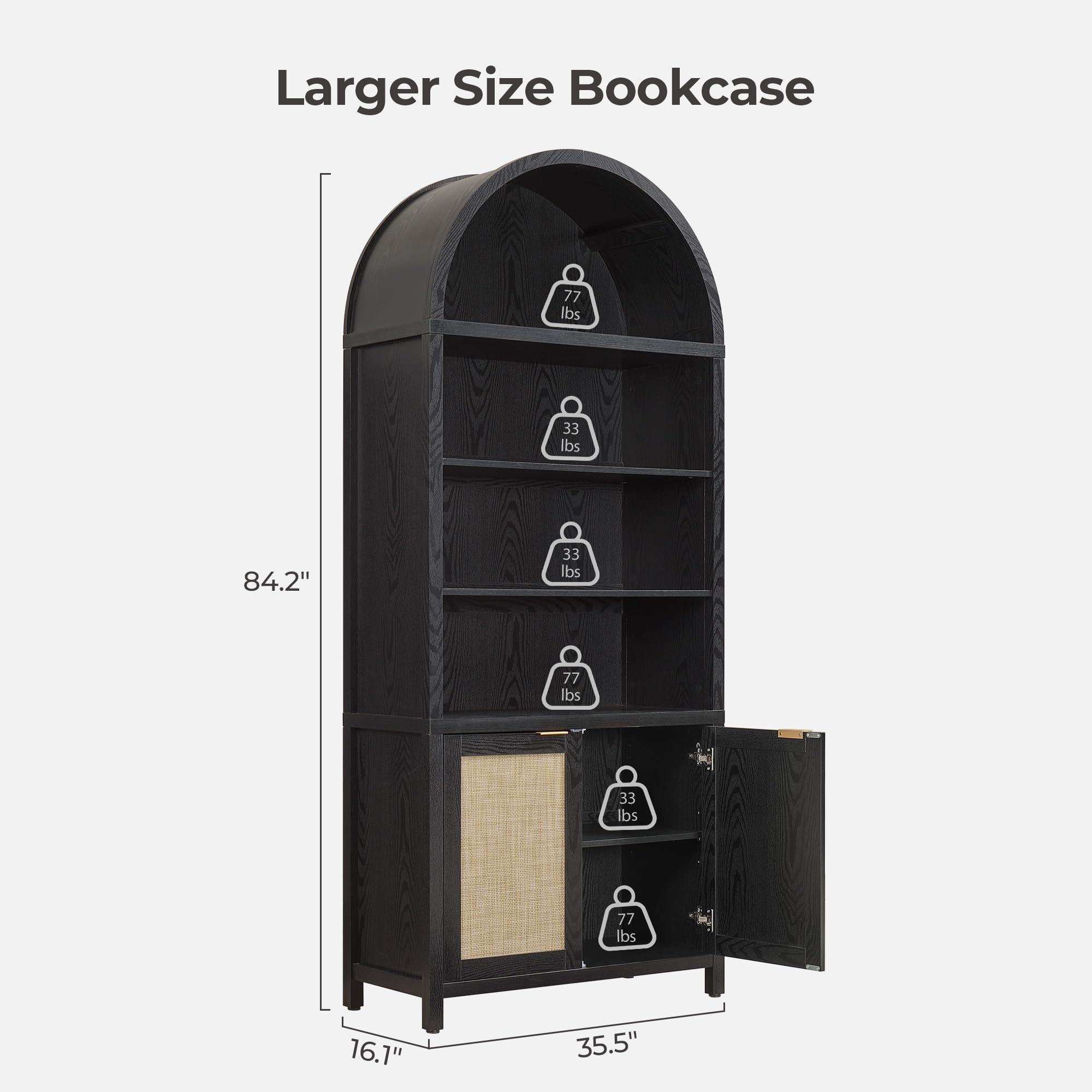 SICOTAS Book Shelf Arched Cabinet Bookshelf Arch 84.2" Tall Bookcase 5 Tier Large Bookshelves with Doors Storage Rattan Boho Wide Book Shelves Case for Living Room Kitchen Office Bedroom Library