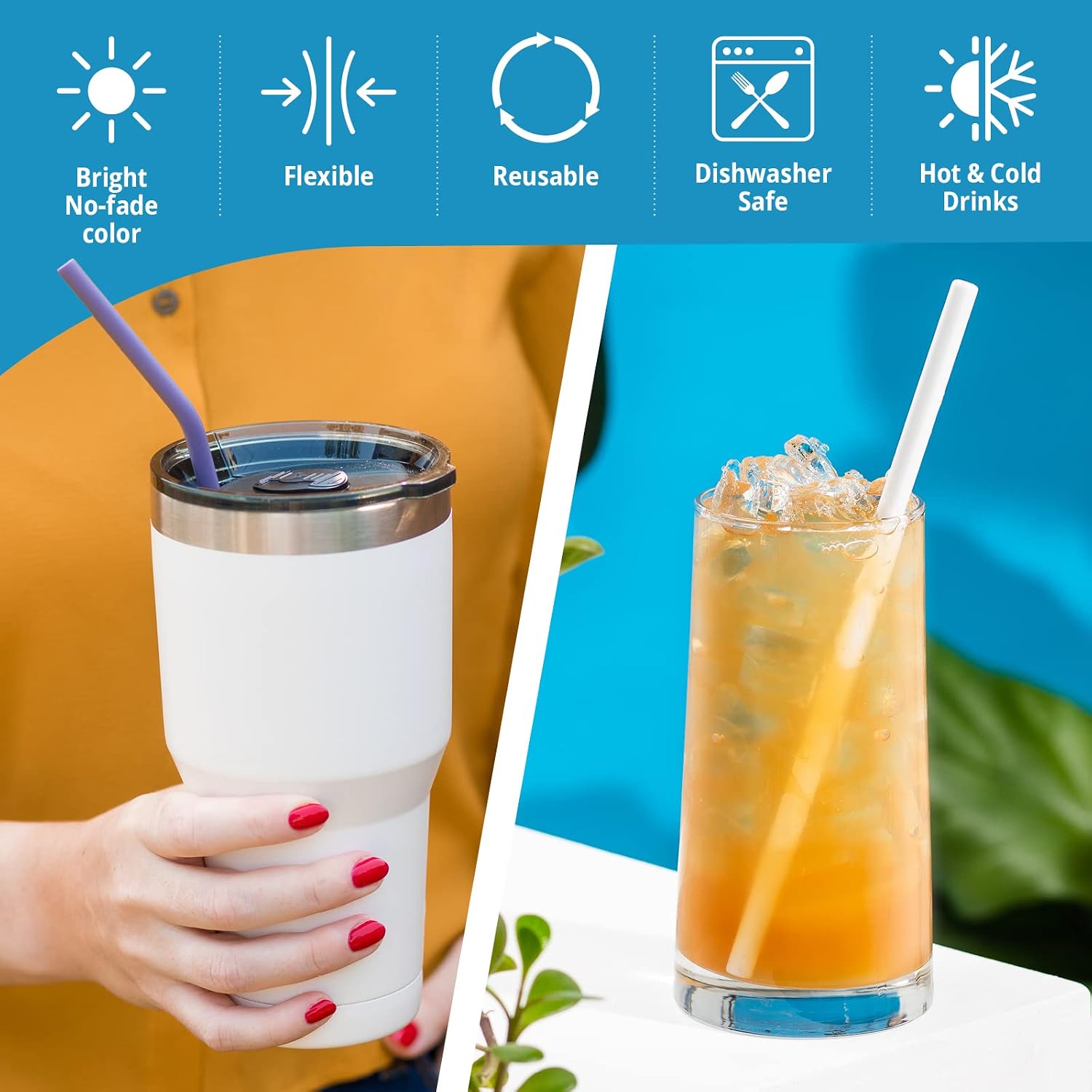 20 Reusable Silicone Straws + Cleaning Brush, 30oz - 20oz Tumblers Compatible, Dishwasher Safe, Extra Long Straws