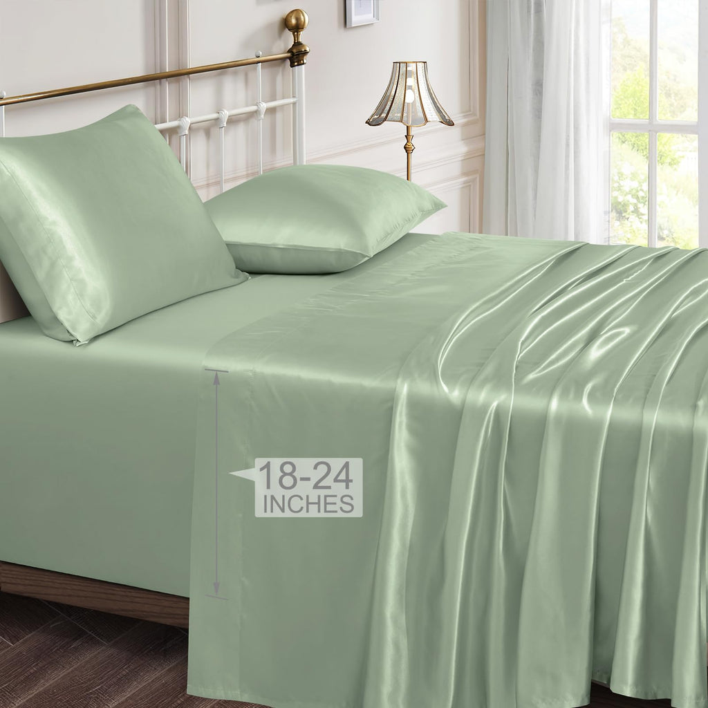 Vonty Extra Deep Pocket Full Sheet Sets - Cooling & Silky Satin Full Size Sheets with 18-24 Inch Deep Pocket, Black Satin Bed Sheets Fit Up to 24" Deep Mattress - 4 Piece Set