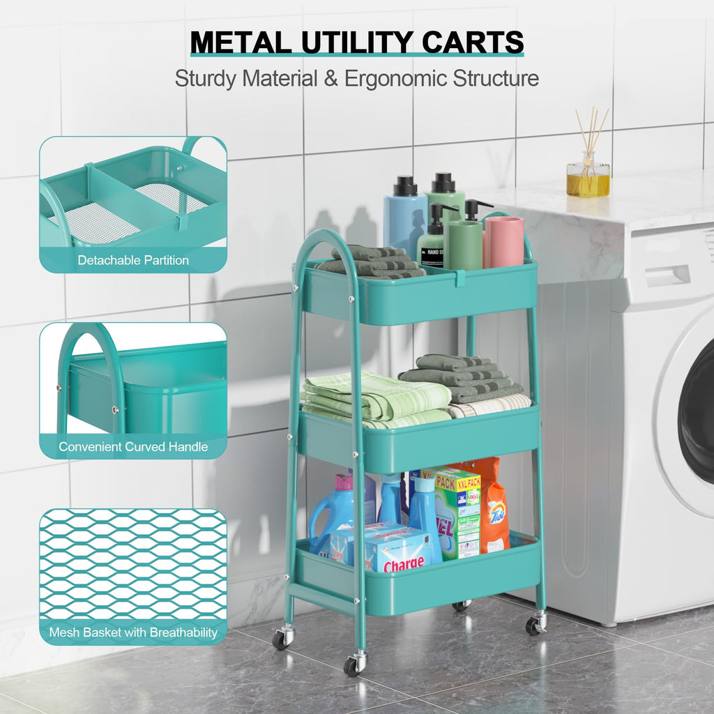 EAGMAK 3 Tier Rolling Cart, Large Metal Storage Cart with Handle and Lockable Wheels, Big Multifunctional Storage Organizer Trolley with Mesh Baskets for Kitchen, Living Room, Office, Garage (Beige)