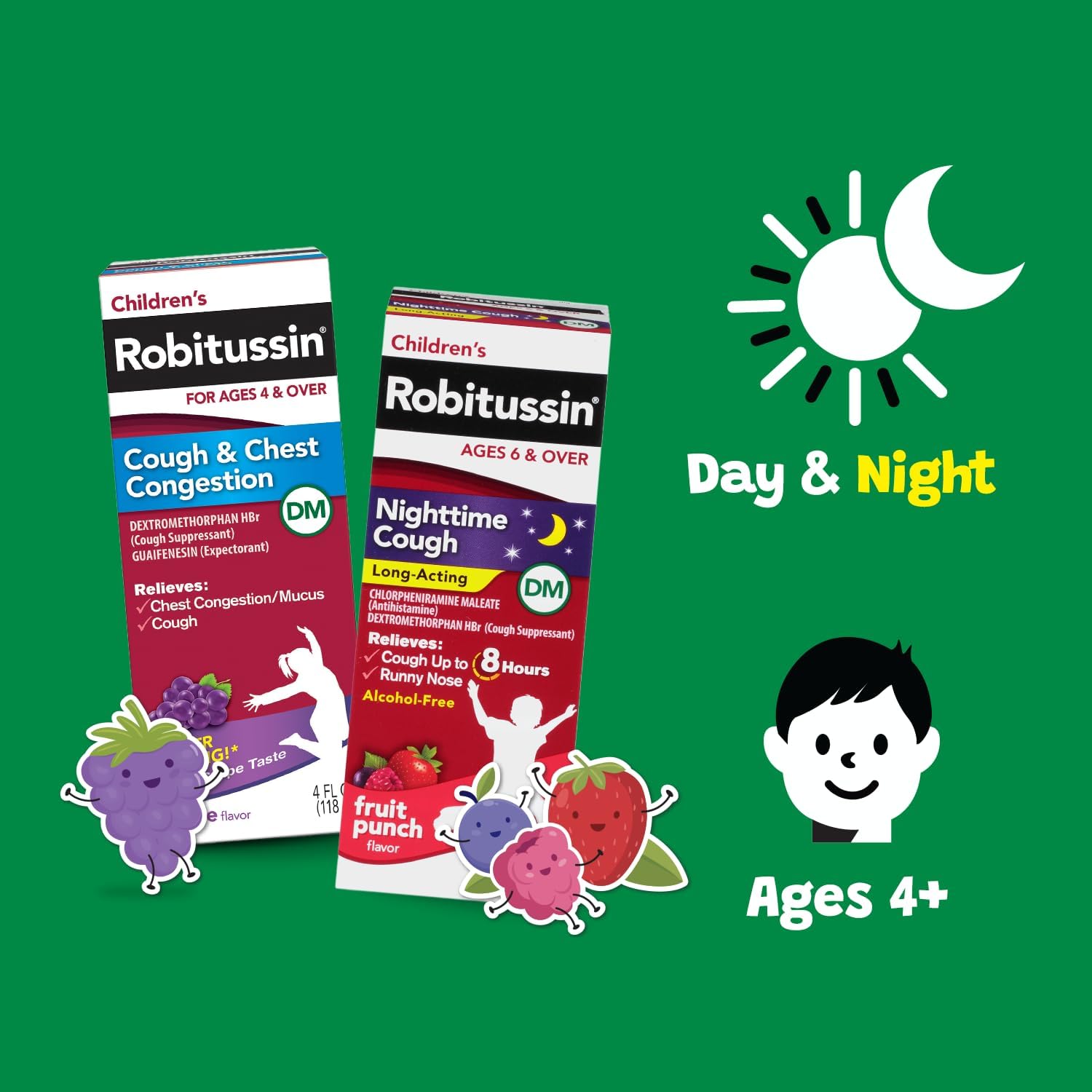 Children's Robitussin DM Day and Night Cough Relief Value Pack, Cough Medicine, Grape/Fruit Punch Flavor - 4 Fl Oz x 2