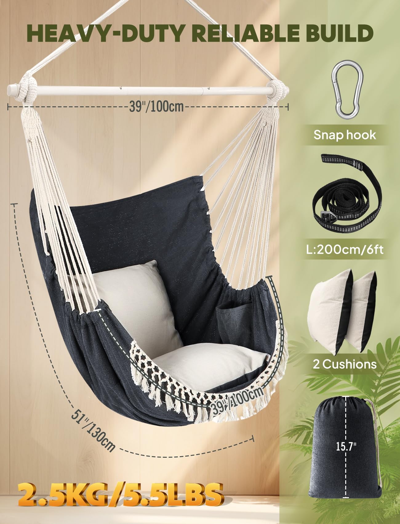 Chihee Hammock Chair Hanging Swing Max 500 Lbs 2 Cushions Included Metal Spreader Bar with Anti-Slip Grooves Portable Hanging Chair Side Pocket Large Macrame Bohemian Chair Indoor Outdoor | Hanging Swing with Anti-Slip Grooves Portable Hanging Chair Side