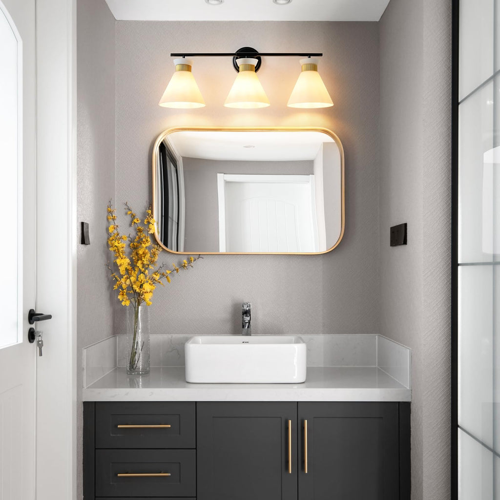 WOSHITU Gold Bathroom Light Fixtures: Modern Vanity Lighting Fixtures 2 Lights for Bathroom Mid Century Vanity Light Sconces Over Mirror with Frosted Milky Glass for Bath Bedroom Makeup